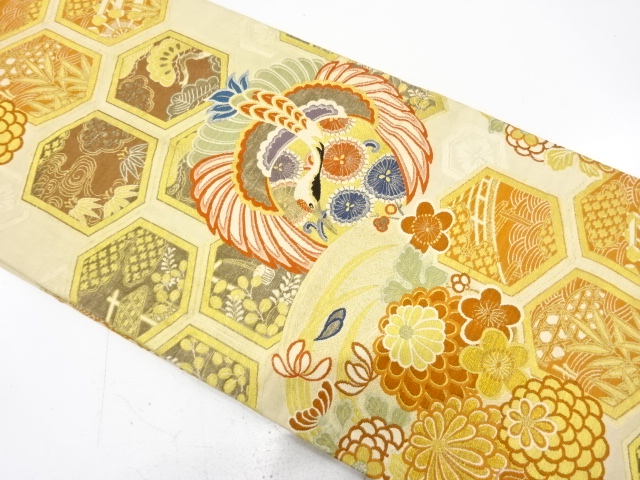 JAPANESE KIMONO / ANTIQUE MARU OBI / WOVEN CRANES & KIKU & SHORE